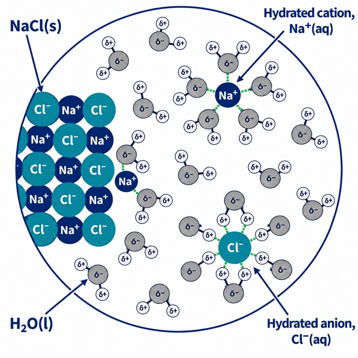 Close-up of sodium chloride dissolving, with water molecules pulling ions from the lattice and hydration shells correctly orientated around Na+ and Cl-