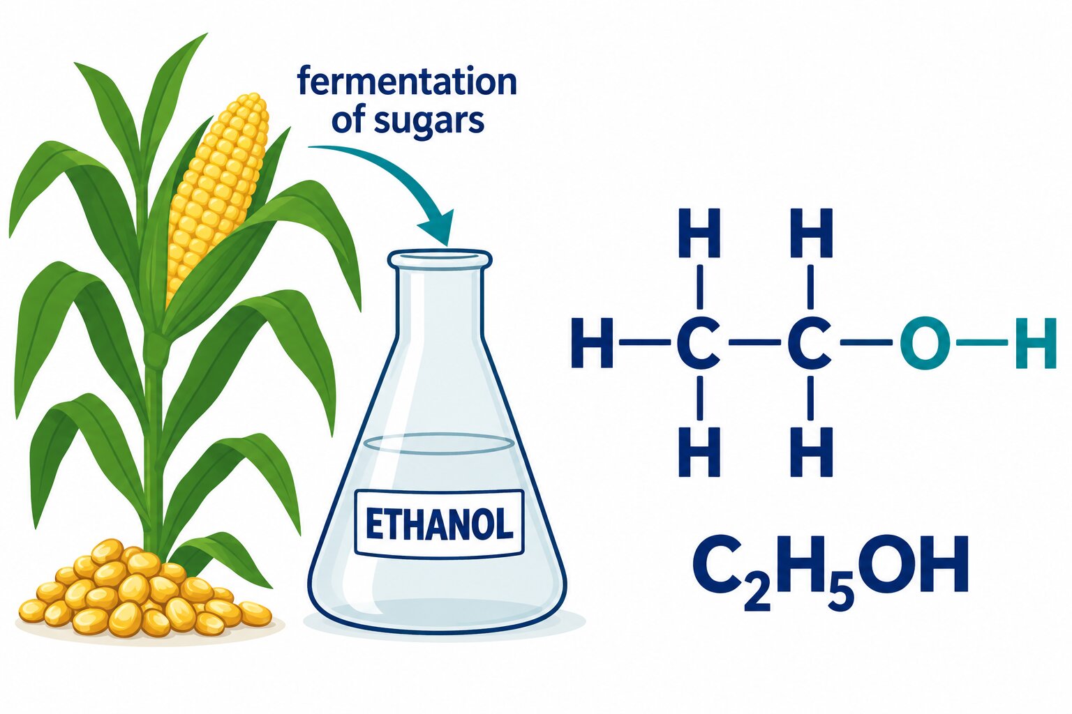 Colourless ethanol in a labelled flask beside its displayed formula, made by fermenting plant sugars