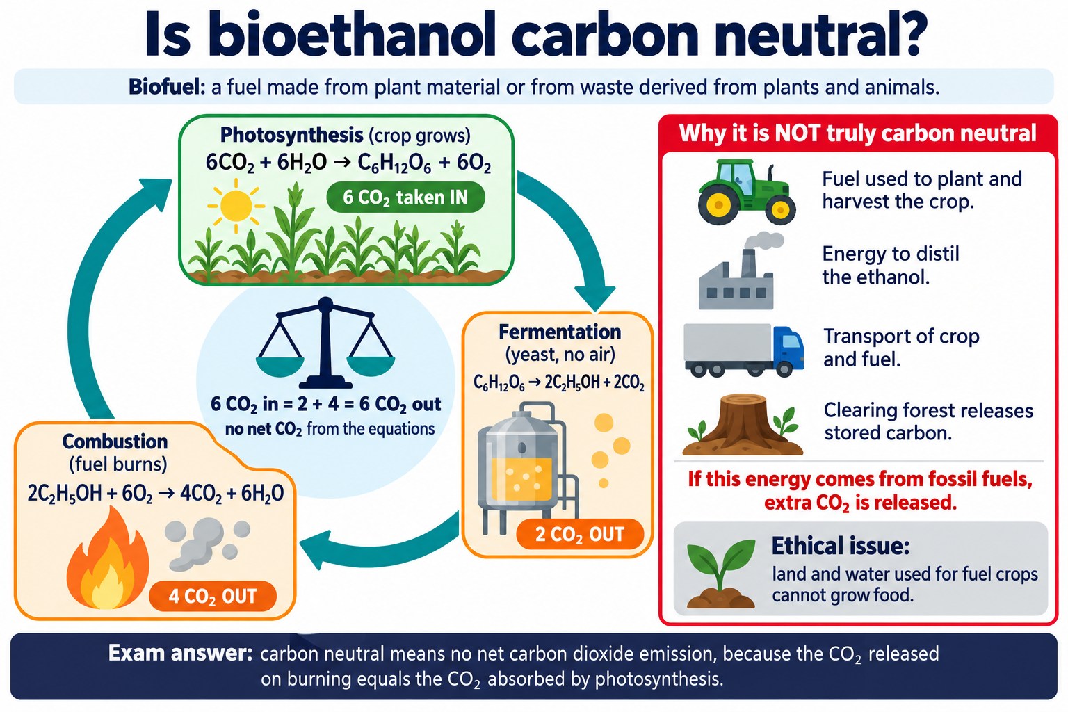 Carbon cycle for bioethanol showing photosynthesis, fermentation and combustion, with reasons it is not fully carbon neutral.