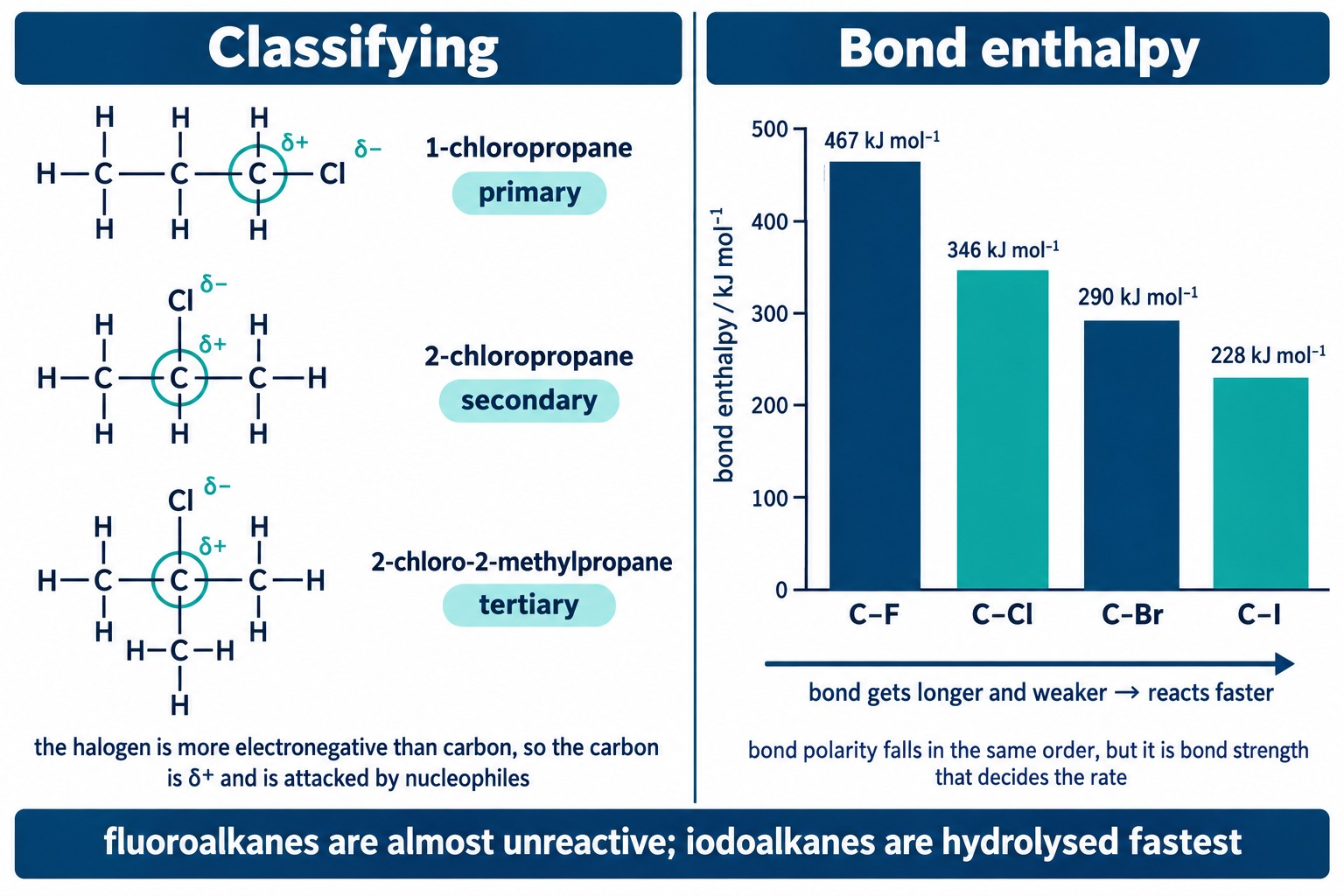 Primary, secondary and tertiary chloroalkanes with the polar C–Cl bond, and a bar chart of carbon–halogen bond enthalpies