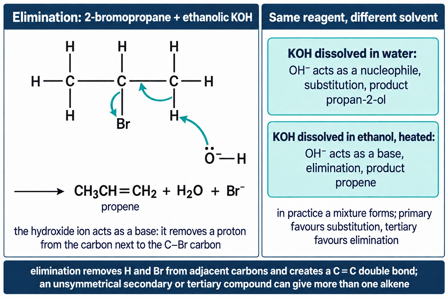 Elimination of 2-bromopropane with ethanolic potassium hydroxide, and the effect of the solvent