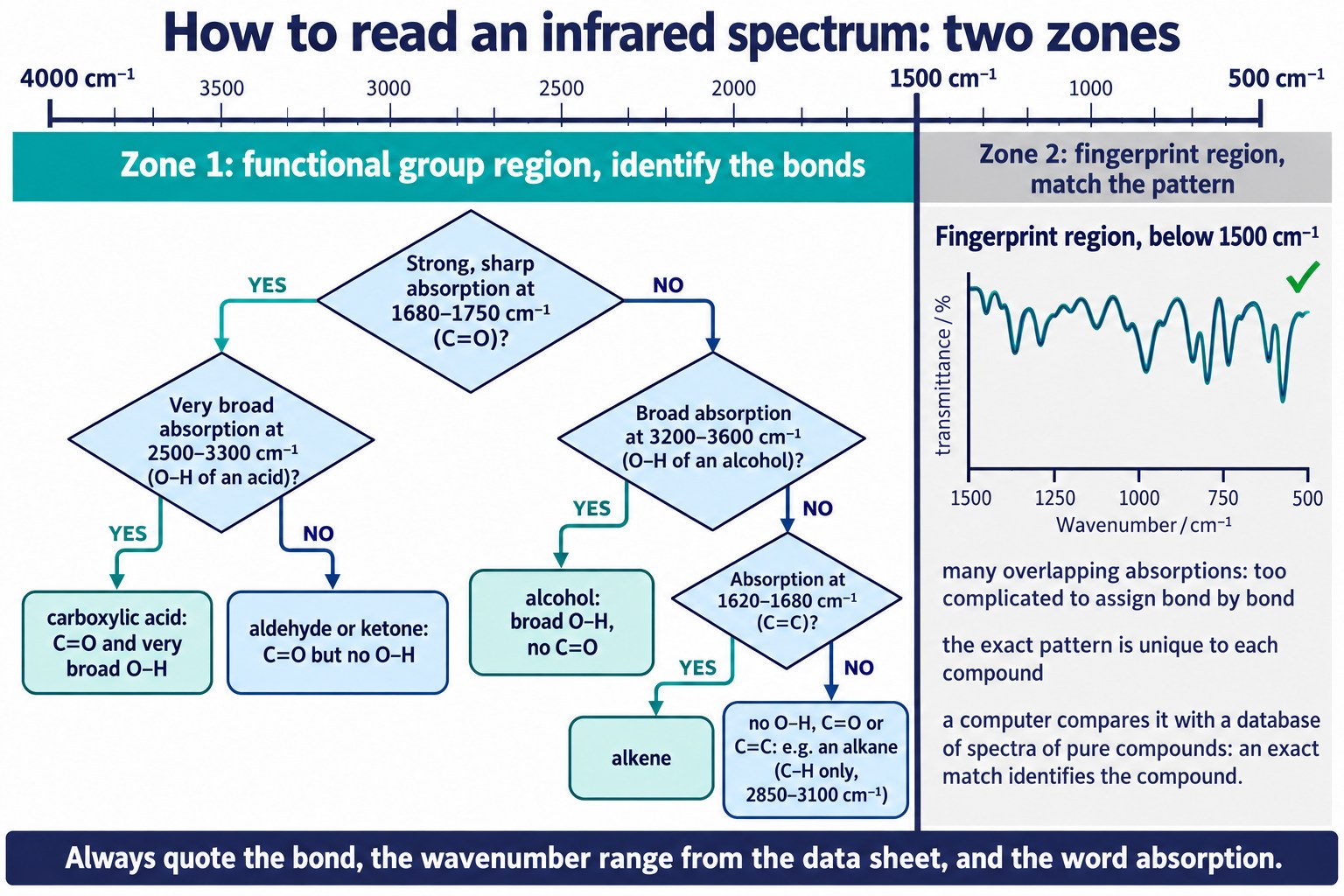 Infrared spectrum split at 1500 wavenumbers, with a decision tree for functional groups and a fingerprint matching panel.
