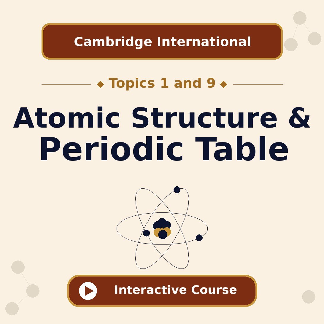 Cambridge International AS and A Level Chemistry Topics 1 and 9 Atomic Structure and the Periodic Table interactive course banner