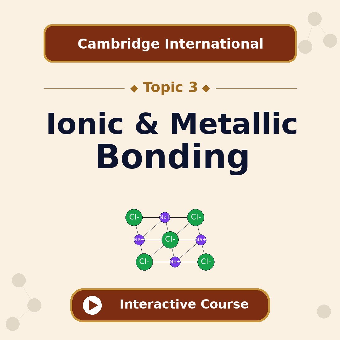 Cambridge International AS and A Level Chemistry Topic 3 Ionic and Metallic Bonding interactive course banner