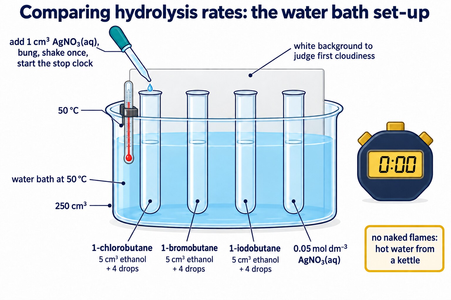 Water bath at 50 °C with three reagent tubes, the silver nitrate tube, pipette, stop clock and white tile