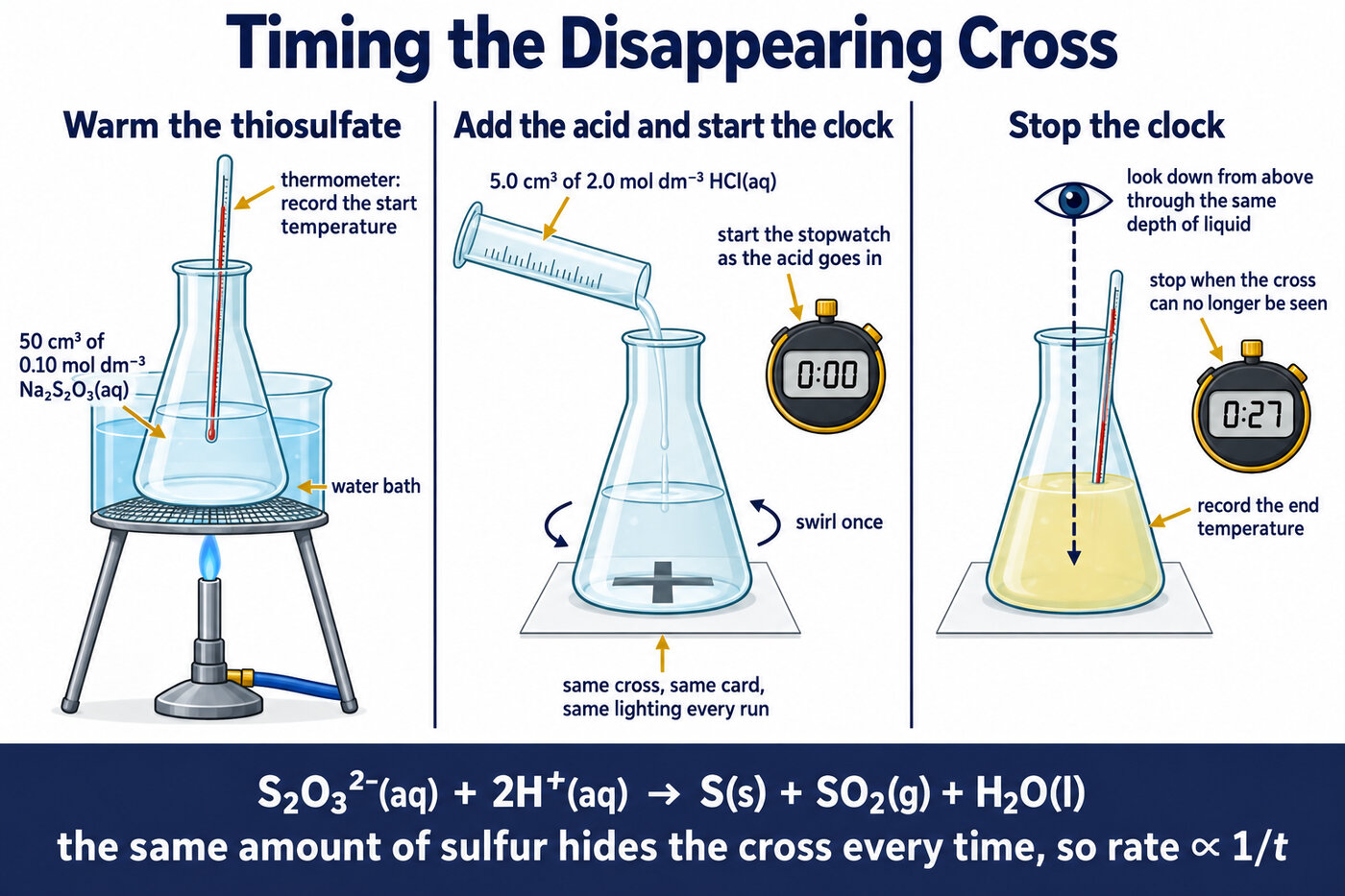 Disappearing cross set-up: a conical flask of sodium thiosulfate on a pencil cross, acid added from a measuring cylinder and the clock started, viewed from above