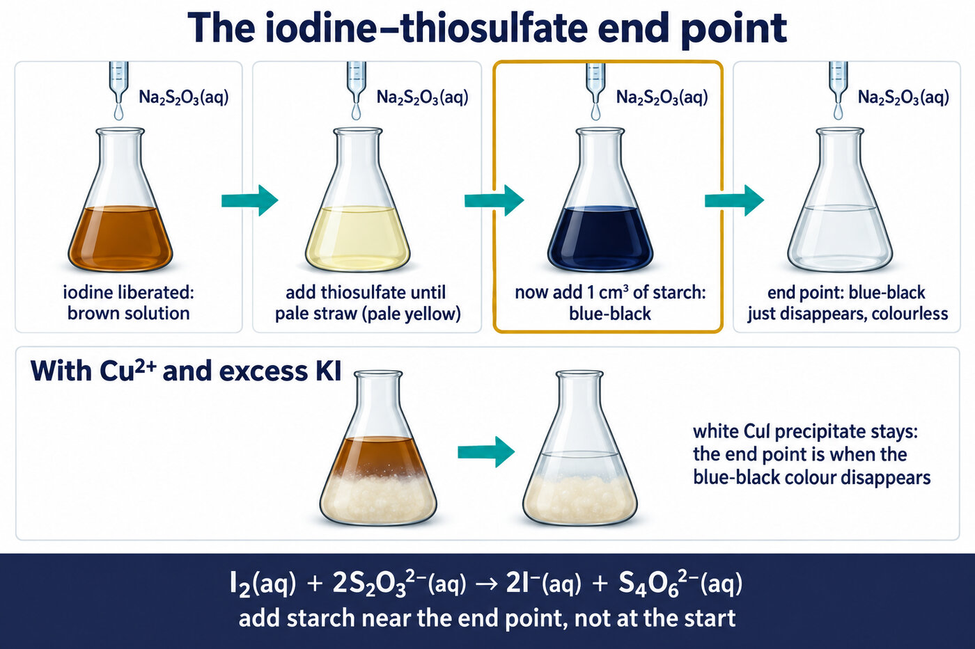 Iodine–thiosulfate end point in four stages: brown, pale straw, blue-black after starch, then colourless