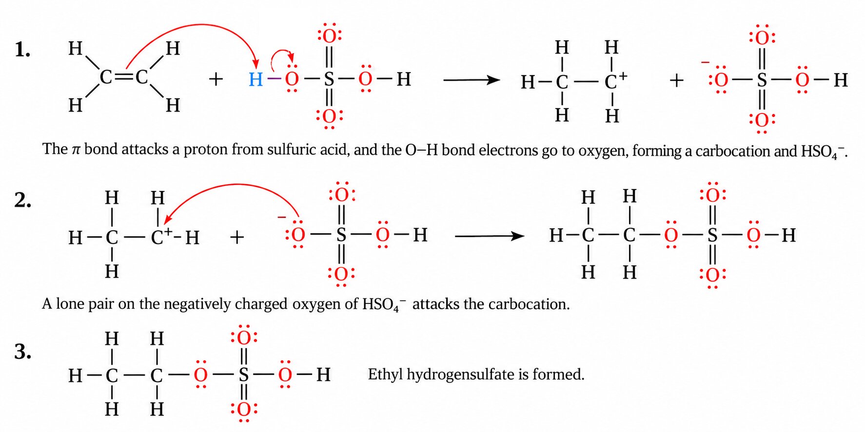 Electrophilic addition mechanism of sulfuric acid to ethene showing curly arrows, the carbocation intermediate and attack by the hydrogensulfate ion