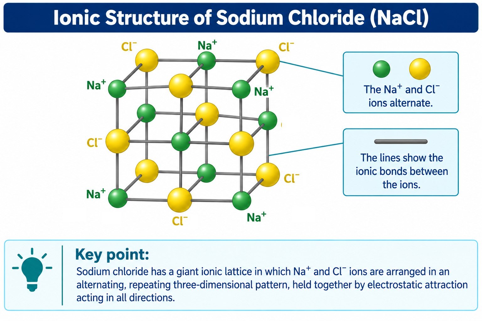 Three-dimensional cubic lattice of sodium chloride with alternating Na+ and Cl- ions.