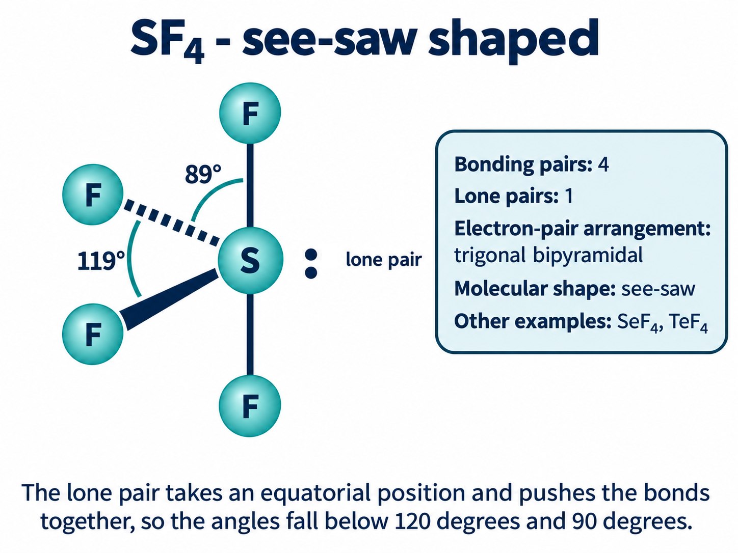 Labelled SF₄ see-saw shape with one equatorial lone pair and 119 and 89 degree angles