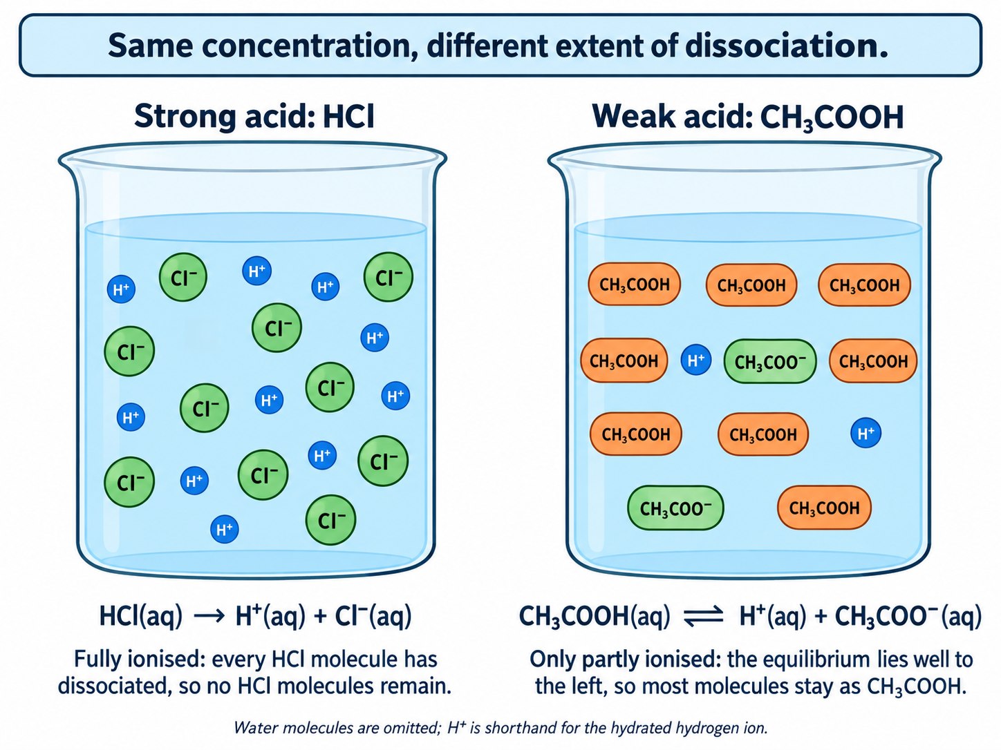 Particle diagrams of a strong acid fully ionised and a weak acid only slightly ionised at the same concentration