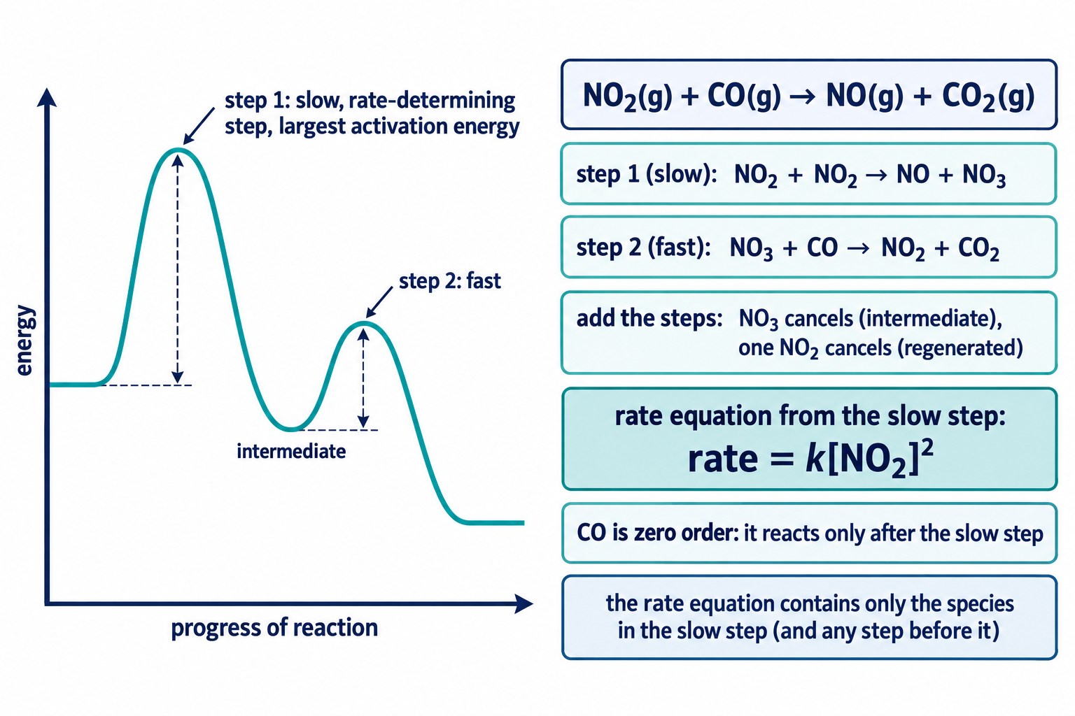 Reaction profile of a two-step mechanism with the slow rate-determining step, and the worked NO₂ + CO example giving rate = k[NO₂]²