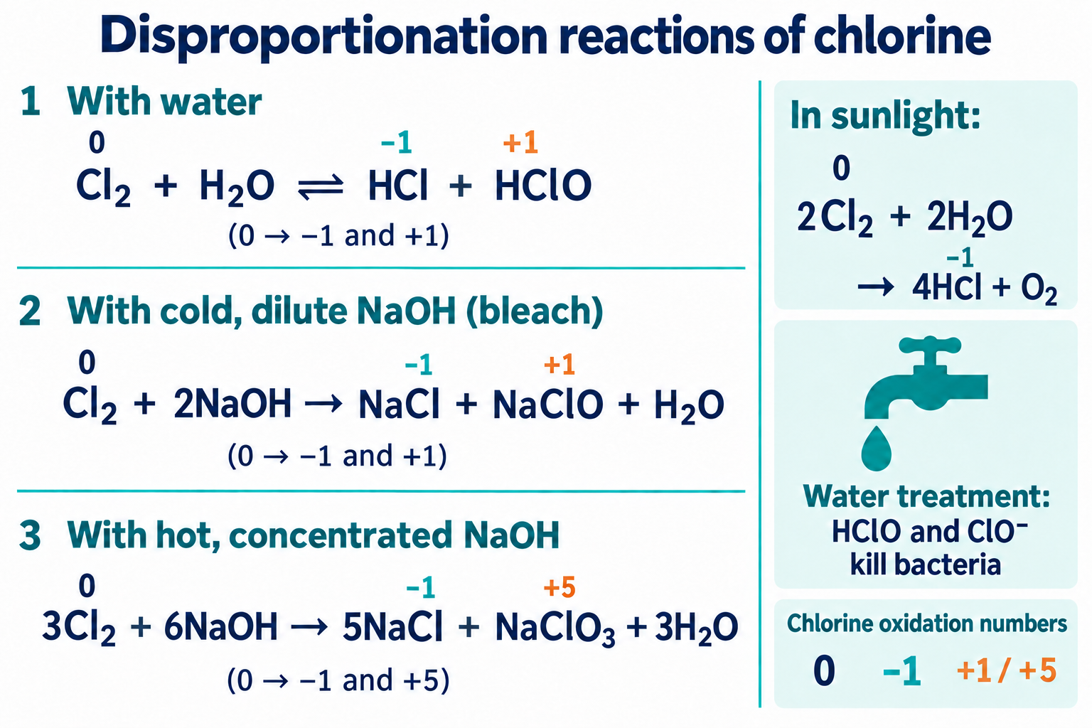 The disproportionation reactions of chlorine with water and with cold and hot sodium hydroxide
