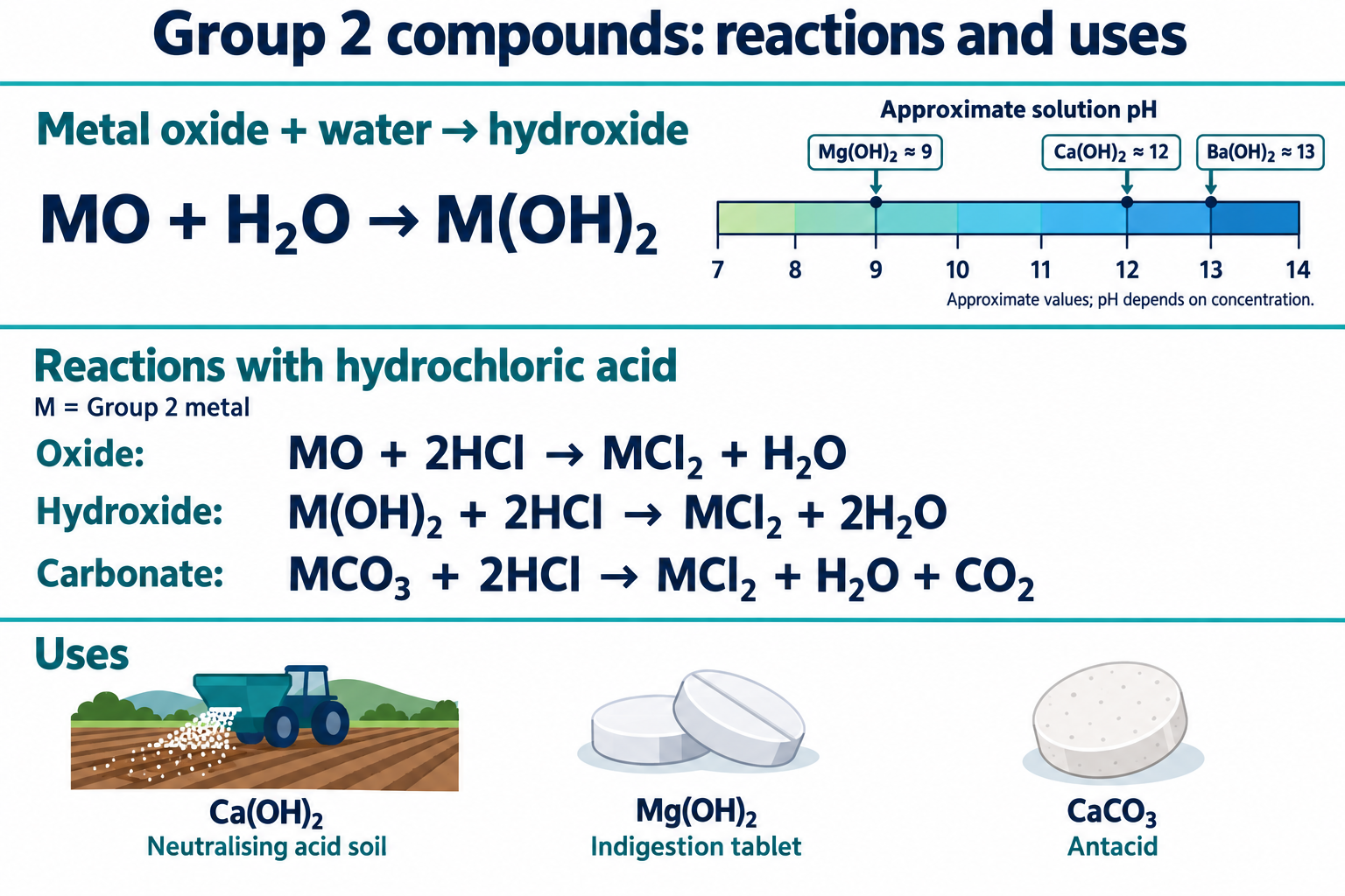 Group 2 oxides, hydroxides and carbonates with water and acid, pH of solutions and uses