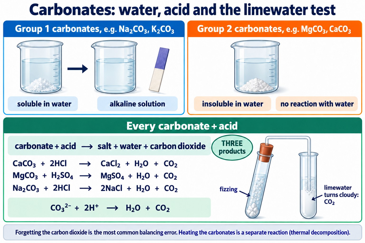 Comparison of Group 1 and Group 2 carbonates with water, the carbonate and acid equations, and the limewater test.