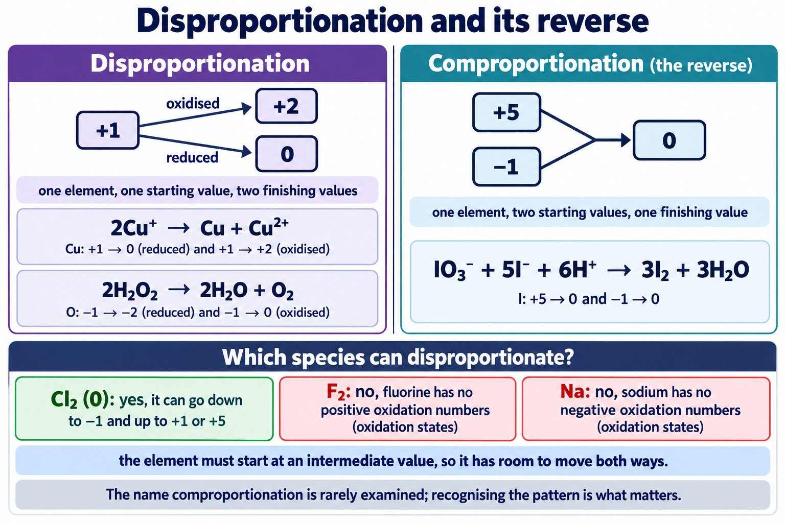 Two-column poster comparing disproportionation of Cu⁺ and H₂O₂ with comproportionation of iodate(V) and iodide.