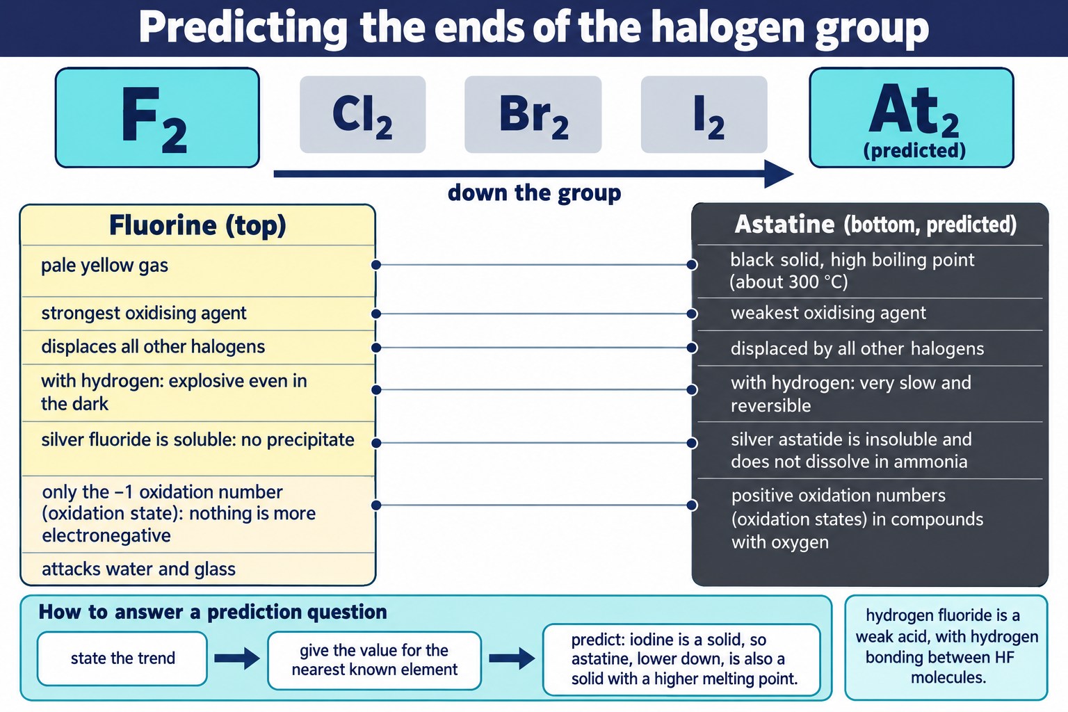Comparison of fluorine and predicted astatine properties at the two ends of the halogen group, with a prediction method.