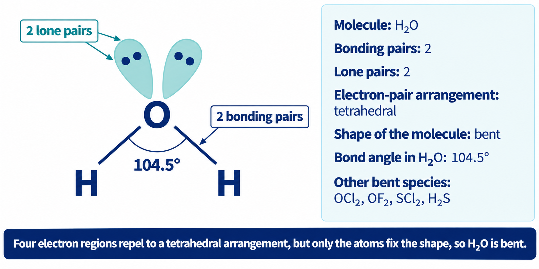 Bent H₂O with the 104.5° angle drawn and marked, two lone pairs on oxygen and a counts panel