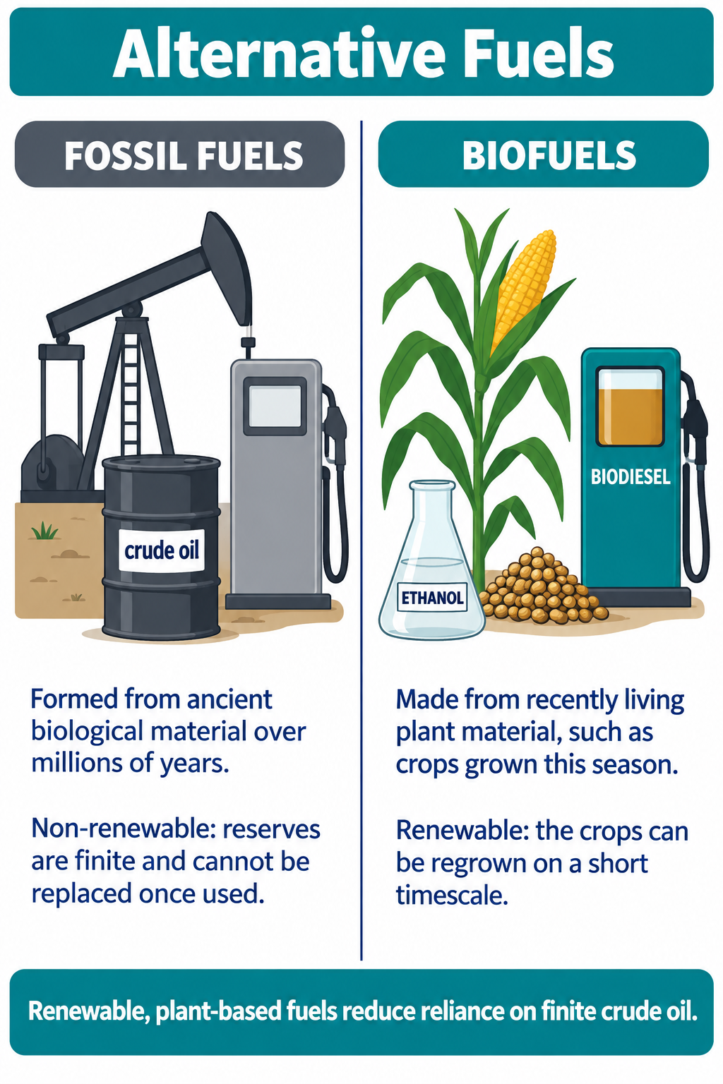 Two-column poster contrasting non-renewable crude-oil fuels with renewable plant-based ethanol and biodiesel