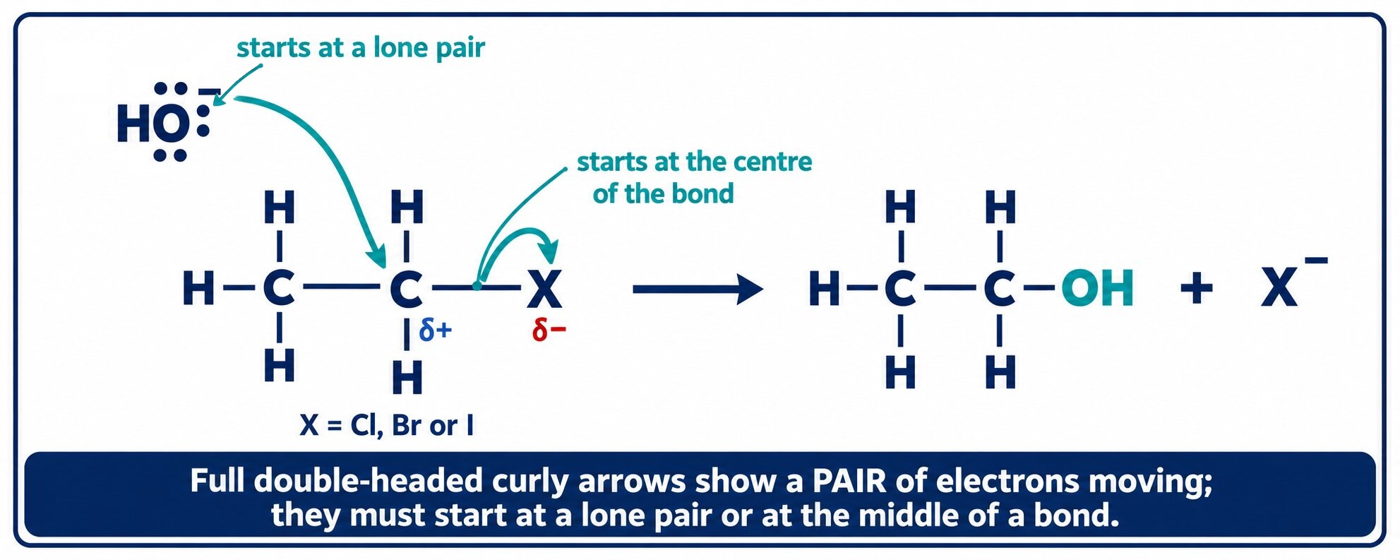 Hydroxide attacking a haloalkane, redrawn in vector with raised minus signs and both curly arrows landing on atoms