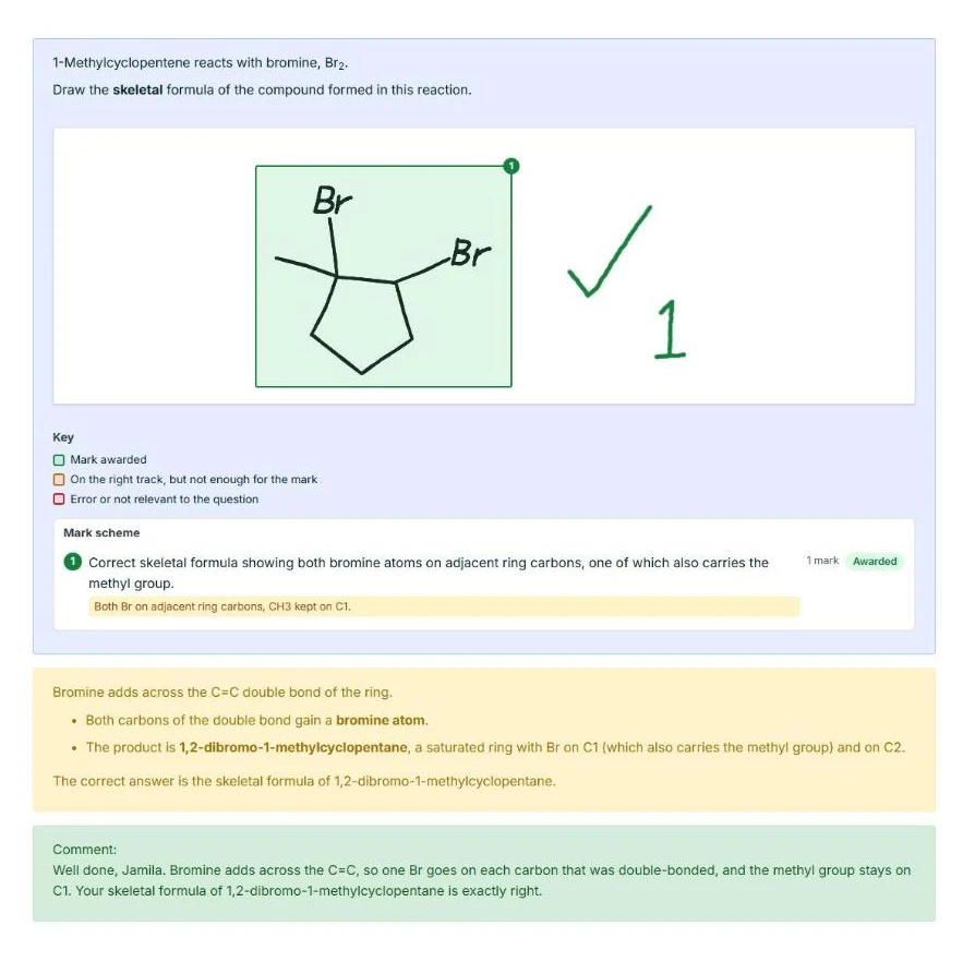 A student's skeletal formula of 1,2-dibromo-1-methylcyclopentane as they see it once marked: a green box and tick from the teacher, the mark scheme point awarded, the explanation and the teacher's comment