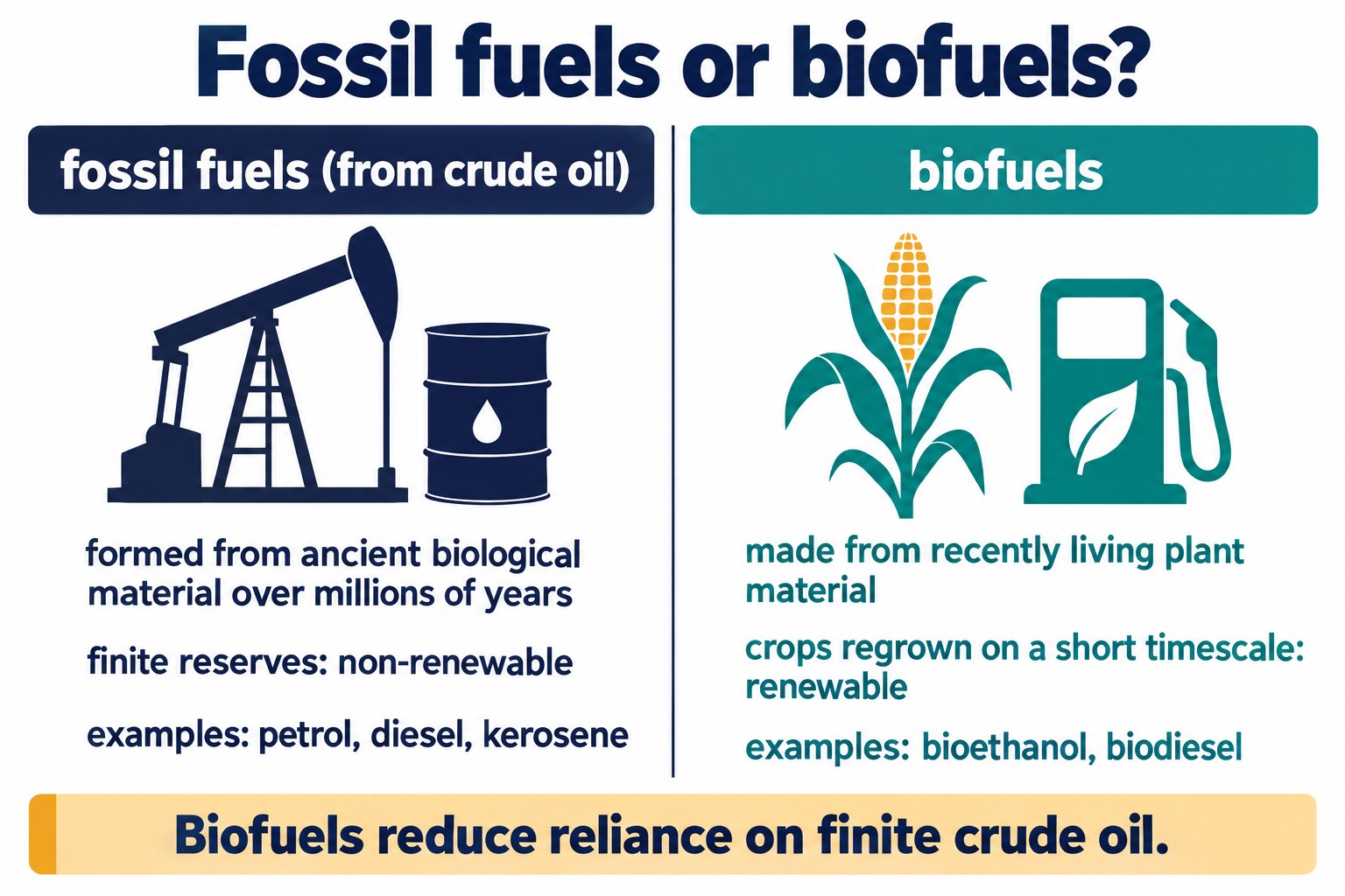 Two-column poster: fossil fuels from ancient material, finite and non-renewable, against biofuels from recently grown plants, renewable