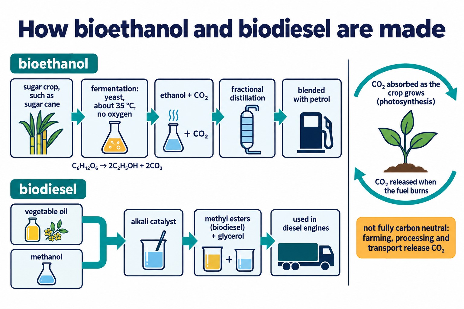 Two production routes: sugar crop fermented to ethanol and distilled; vegetable oil with methanol to biodiesel; CO₂ loop with a caveat