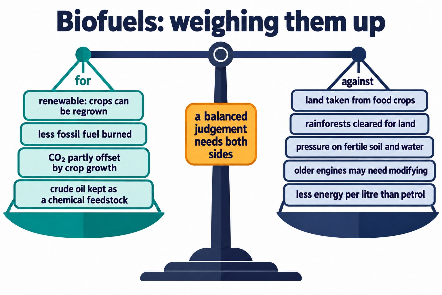 Balance scale weighing four advantages of biofuels against five disadvantages, from renewability to land use and energy per litre