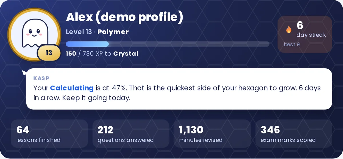 Player card with level, XP bar, day streak and a tip from KASP the ghost (demo profile)