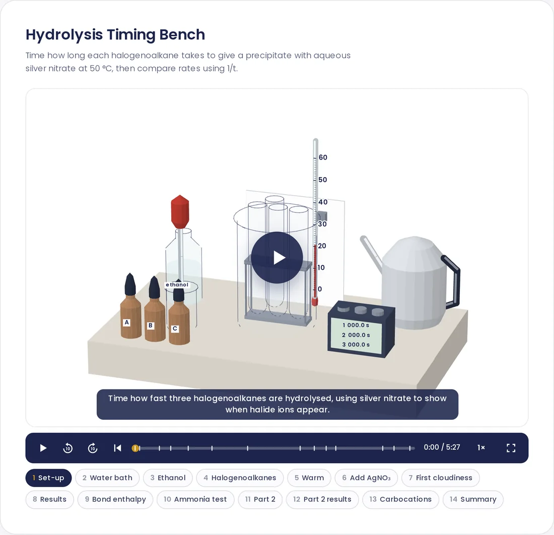 3D walkthrough of the rates of hydrolysis of haloalkanes
