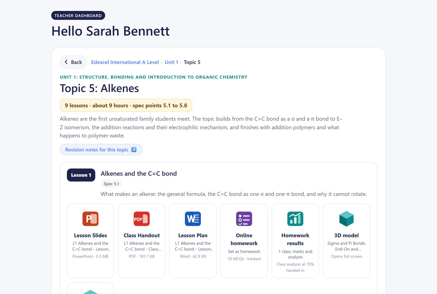 OLS teacher dashboard: Topic 5 Alkenes lessons with Lesson Slides, Class Handout, Lesson Plan, online homework, results and 3D models