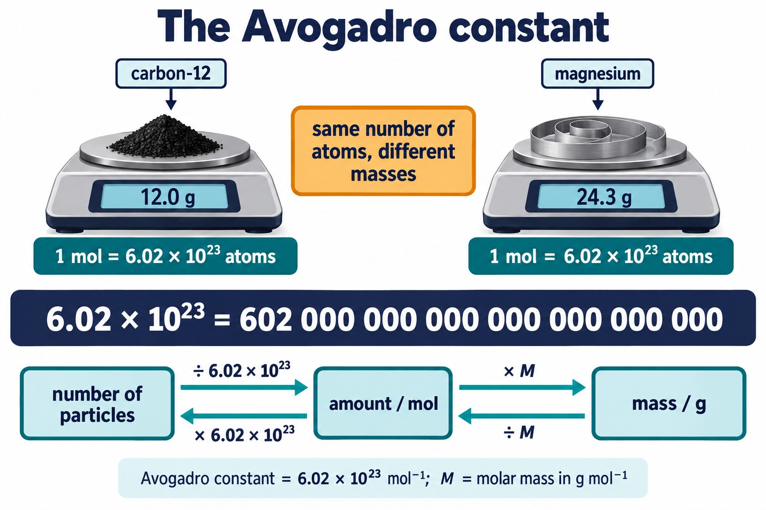 12.0 g of carbon-12 and 24.3 g of magnesium each holding 6.02 × 10²³ atoms, with a particles, moles and mass conversion strip
