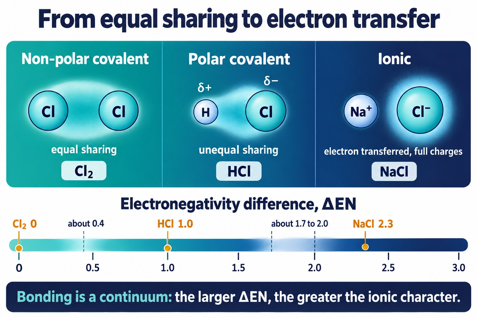 Bonding continuum from Cl₂ (equal sharing) through HCl (δ+ δ−) to Na⁺Cl⁻ (transfer), with an electronegativity difference scale beneath