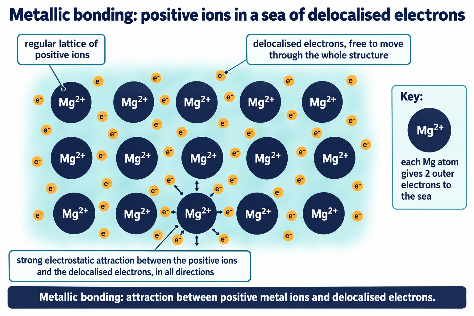 Rows of Mg²⁺ ions surrounded by a sea of delocalised electrons, labelled with the lattice, the free electrons and the attraction