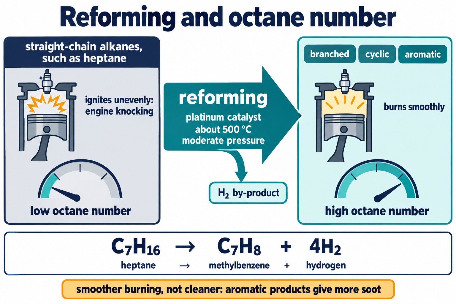 Reforming panel: straight-chain alkanes knock, platinum catalyst at about 500 °C, branched, cyclic and aromatic products burn smoothly