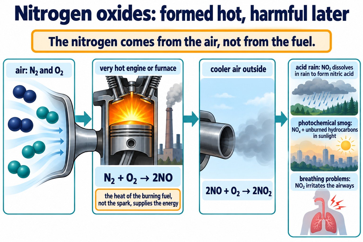 Flow from air into a hot engine forming NO, then NO₂ in cooler air, and three effects: acid rain, photochemical smog, breathing problems