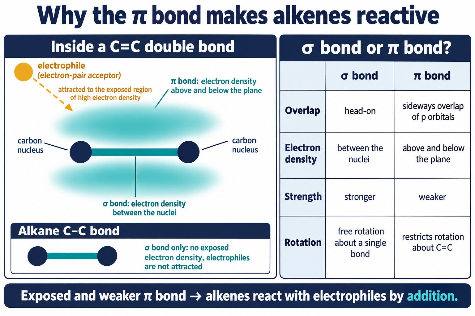 Two carbon nuclei with a σ bond between them and an exposed π cloud above and below attracting an electrophile, plus a σ versus π table