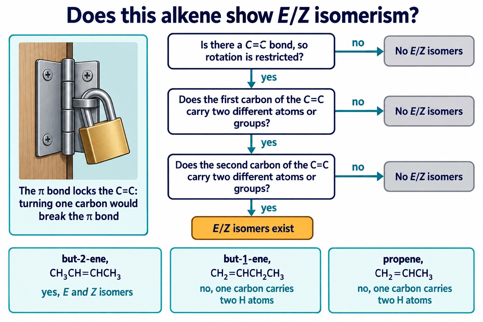 Flowchart: is there a C=C, does each carbon carry two different groups; yes to all gives E/Z isomers, with a locked hinge for the π bond
