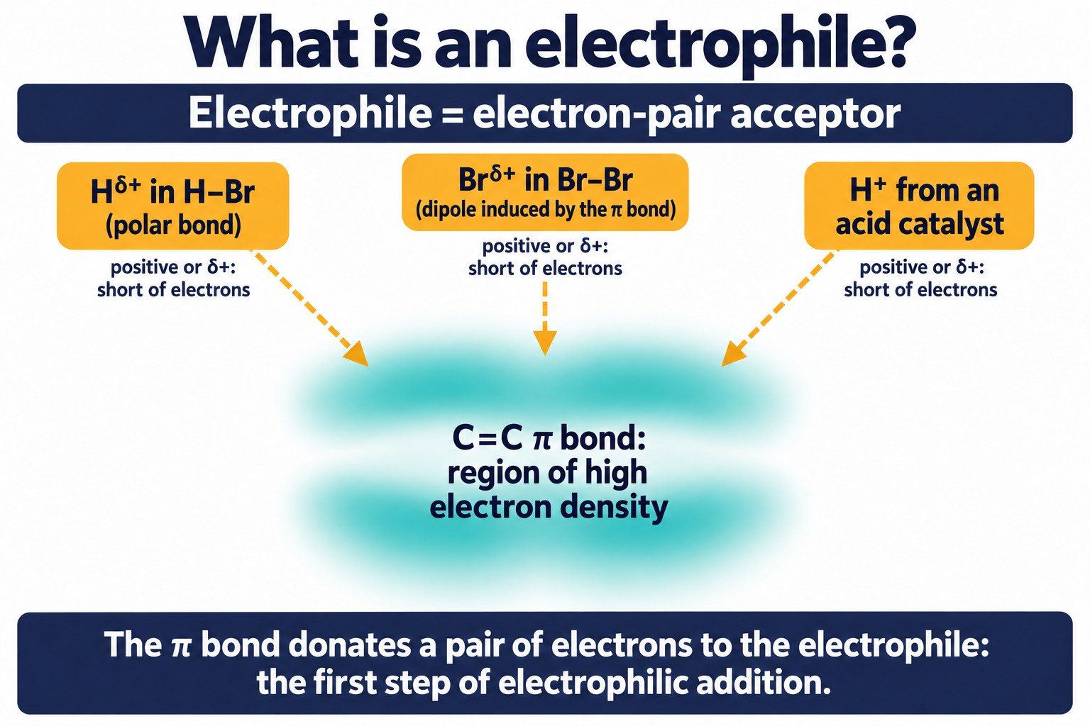 Electron-rich π cloud attracting three electron-pair acceptors: Hδ+ in H–Br, Brδ+ in Br–Br and H⁺ from an acid, with the definition
