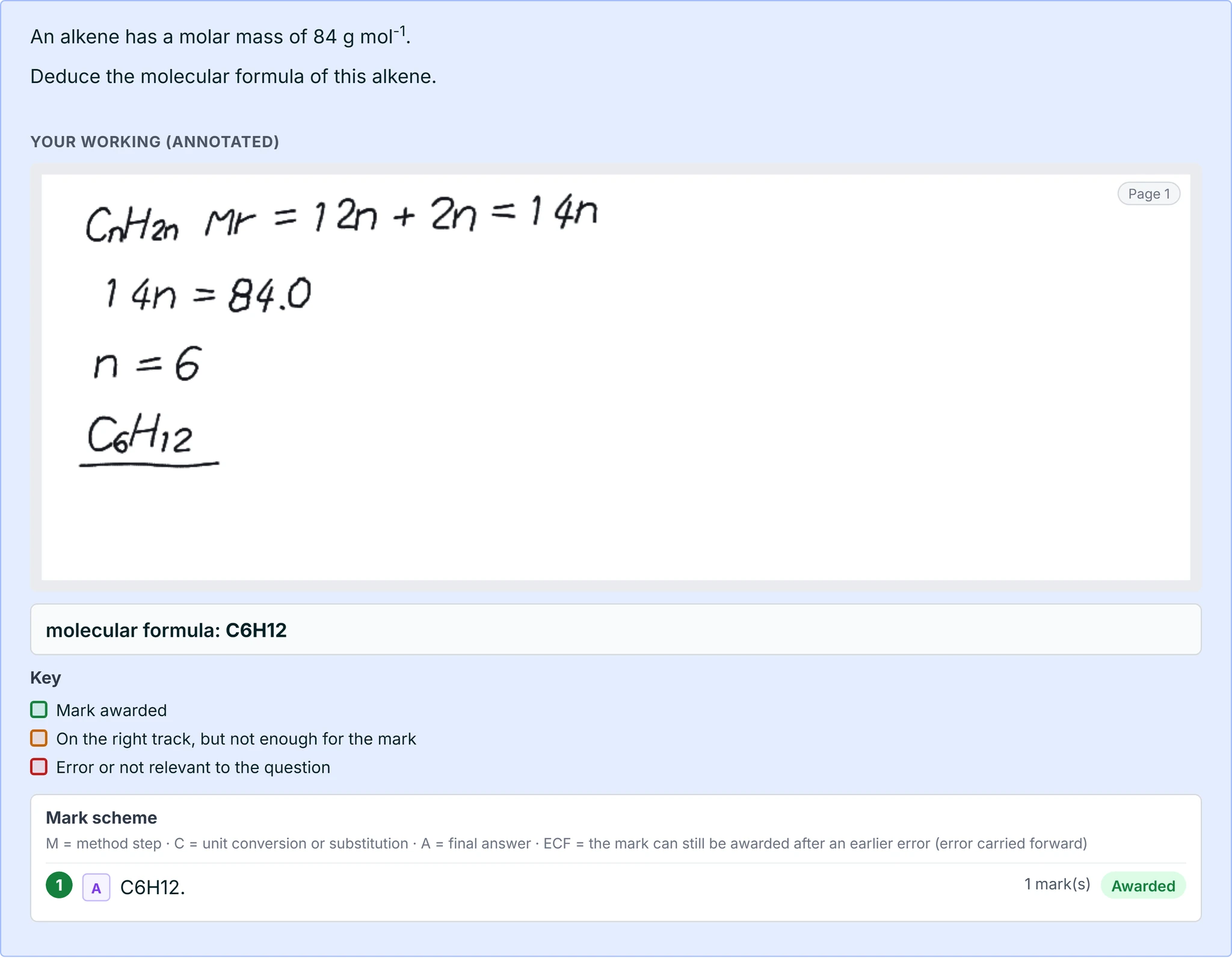 A marked calculation: the student's handwritten working and the awarded mark
